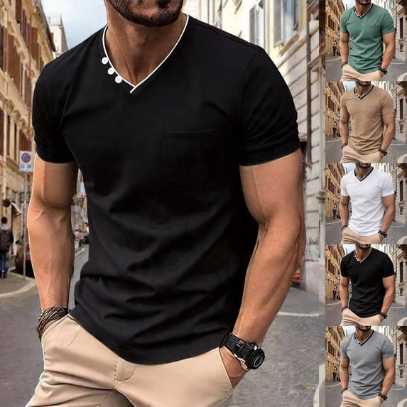 Men's V Neck T-Shirt Short Sleeve Slim Casual Top With Chest Pocket Summer Lightweight Tee Black XL