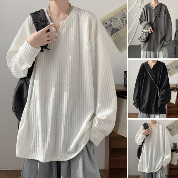Men's V Neck Top - Spring Autumn Long Sleeves Oversized Solid Color Loose Mid Length Striped Texture Pullover