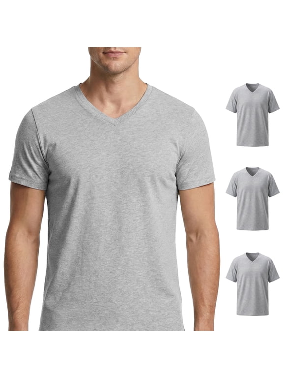 Men's V-Neck Undershirts, 3-Pack Cotton T-Shirts, 100% Premium Cotton Tees, Breathable, Moisture-Wicking, Tag-free, Reinforced Seams, Relaxed Fit, Lightweight, Classic V-Neck, Base Layer, Gray, M