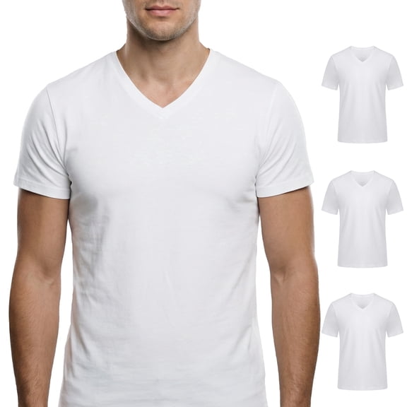 Men's V-Neck Undershirts, 3-Pack Cotton T-Shirts, 100% Premium Cotton Tees, Breathable, Moisture-Wicking, Tag-free, Reinforced Seams, Relaxed Fit, Lightweight, Classic V-Neck, Base Layer, White, XL