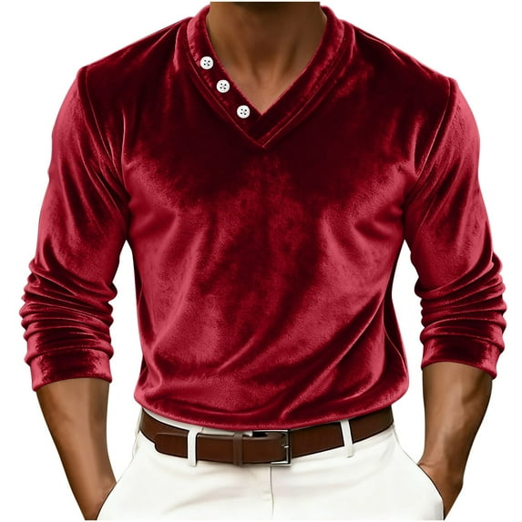 Men's V Neck Velvet Shirts Fall Winter Loose Vintage Pullover Tops Long Sleeve Workout Casual Tee Shirts