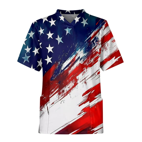 Men's V-Neck Workwear T-Shirt, Functional Chest Pocket with Patriotic Print for Practical Daily Outfits ,Navy XL