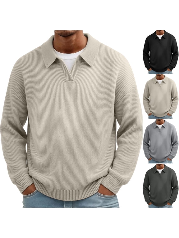Men's V Notch Knit Polo Sweater, Ribbed Long Sleeve Loose Pullover, Winter Casual Collared Knitted Top for Daily Commute