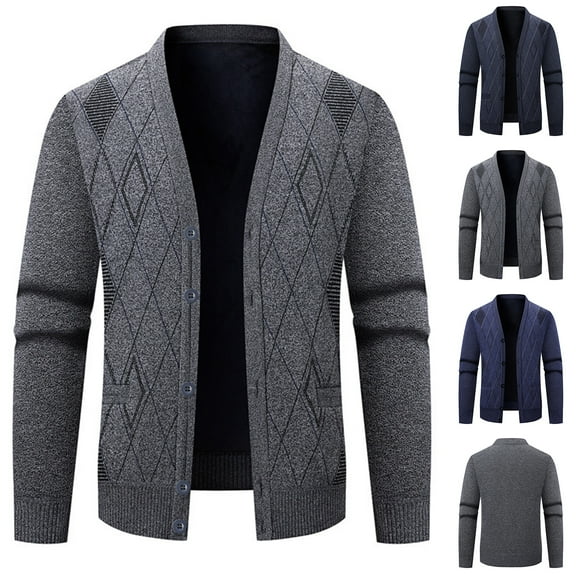 Men's V-neck Buttoned Fleece-lined Cardigan Sweater Long-sleeved Knitted Sweater Jacket - Warm Interior for Autumn Winter Daily Use, Outdoor Errands, and Christmas Gatherings,Navy,XL