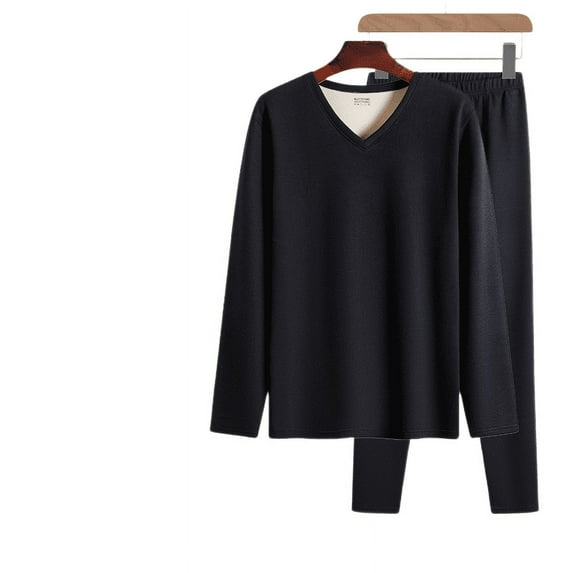 Men's V-neck Thermal Underwear With High Elastic AB Face Two-color Autumn Clothes And Trousers With Velvet Moisture Absorption And Breathable Thermal Underwear Black XXL