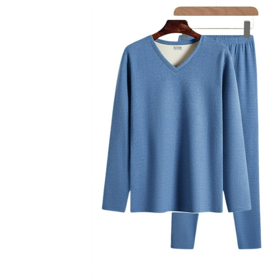 Men's V-neck Thermal Underwear With High Elastic AB Face Two-color Autumn Clothes And Trousers With Velvet Moisture Absorption And Breathable Thermal Underwear Blue 3XL