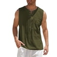 thumbnail image 1 of Men's V-neck strapped solid color cotton and linen sleeveless shirt tops Henley shirt Army Green M, 1 of 1
