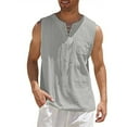 thumbnail image 1 of Men's V-neck strapped solid color cotton and linen sleeveless shirt tops Henley shirt Gray 3X, 1 of 5