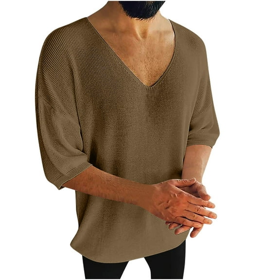 Men's V-neck sweatshirt casual plaid short-sleeved pullover loose knit shirt