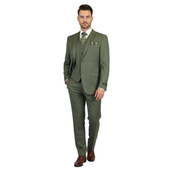 Men's VITALI Three Piece Suit Vested Sharkskin Sheen Vented M3090 Olive Green