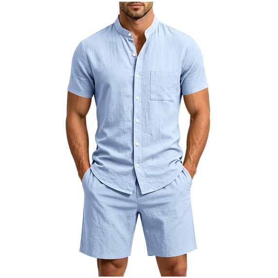 Men's Vacation Beach Cruise Summer Outfits 2 Piece Linen Shorts Set Hawaiian Band Collar Button Down Shirt and Shorts with Pocket Size 3XL Light Blue