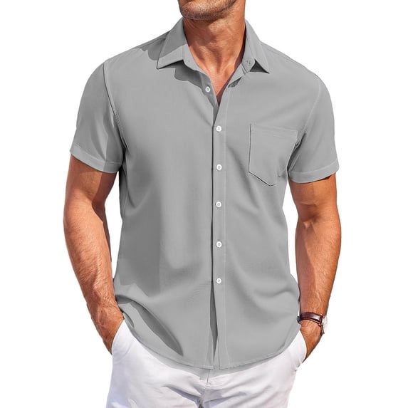 Men's Vacation Shirts Short Sleeve Solid Color Buttons Shirt Regular Fit Summer Casual Dress Shirts, L