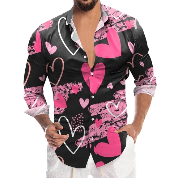 Men's Valentine Button Down Shirts Funny 3D Love Heart Print Lapel V-Neck Roll Up Long Sleeve Tops Hawaiian Beach Vacation Casual Blouses