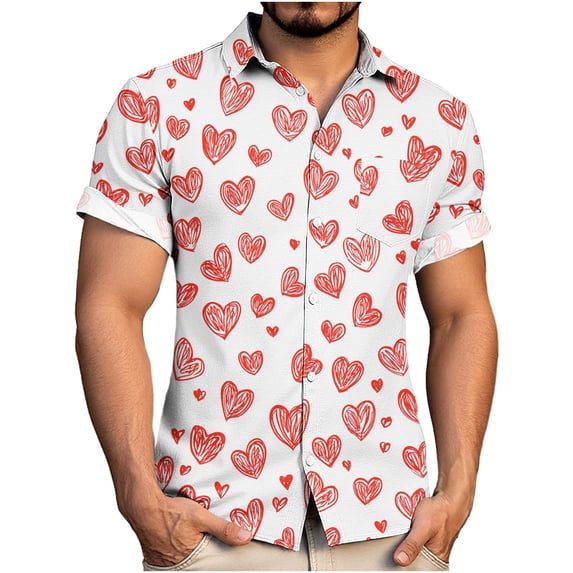 Men's Valentine Print Shirt Collared Short Sleeve Button Down Top Watermelon Red XL