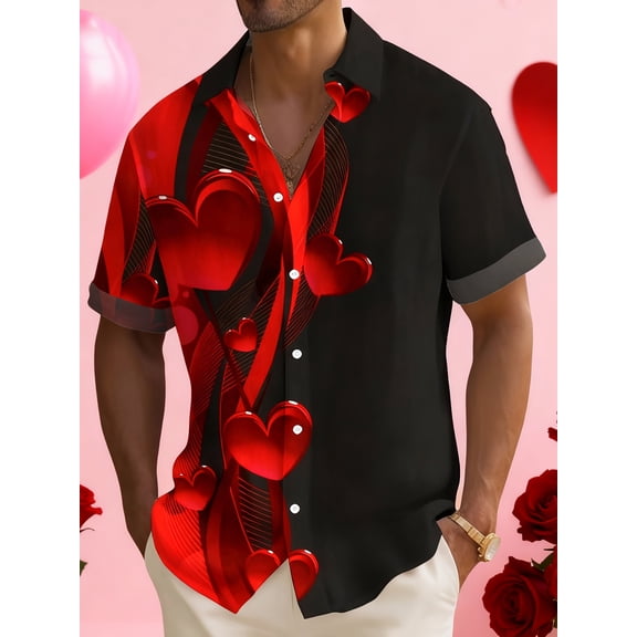 Men's Valentine's Day 3D Heart Print Shirt - Lightweight Button-Down Summer Shirt, Bold Romantic Patterns in Red & Black - Non-Stretch Fabric for Casual & Holiday Wear - Machine Washable, Regular Fit