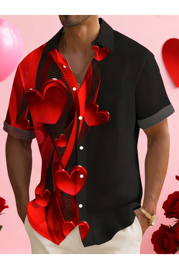 Men's Valentine's Day 3D Heart Print Shirt - Lightweight Button-Down Summer Shirt, Bold Romantic Patterns in Red & Black - Non-Stretch Fabric for Casual & Holiday Wear - Machine Washable, Regular Fit