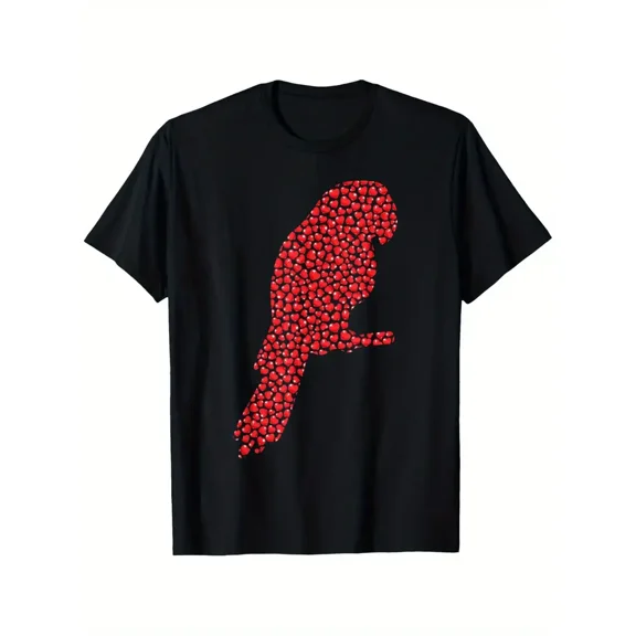 Men's Valentine's Day Heart Parrot Graphic T-Shirt - Black with Red Hearts Design, Regular Fit Short Sleeve Casual Tee, Machine Washable