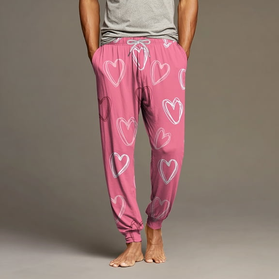 Men's Valentine's Day Pants Casual Love Print Lounge Pants Loose Fit Fashion Winter Drawstring Elastic Waist Home Sleepwear 2026 Beige M