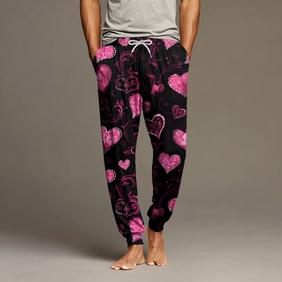 Men's Valentine's Day Pants Casual Love Print Lounge Pants Loose Fit Fashion Winter Drawstring Elastic Waist Home Sleepwear 2026 Vermilion 2XL