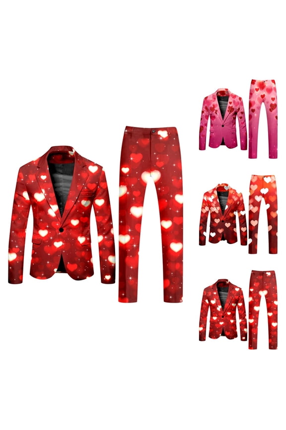 Men's Valentine's Day Slim Fit Heart-Printed Long Sleeve Two-Piece Suit Coat and Pants with Multi Pockets for Holiday Party, Wedding, and Special Events
