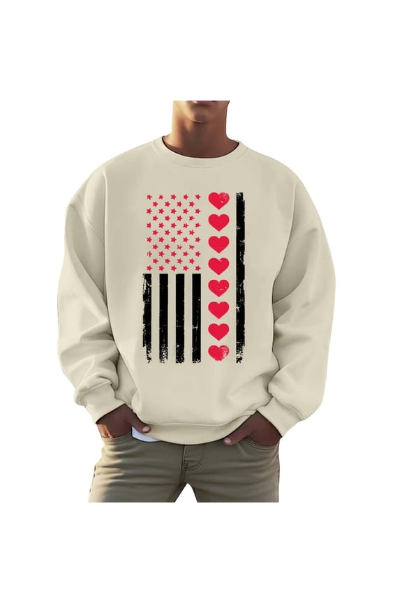 Men's Valentine's Day Sweatshirt Long Sleeve Crew Neck Casual Love Heart Print Pullover Sweater