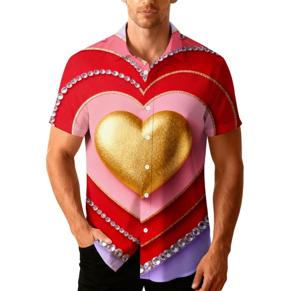 Men's Valentine's Day T-Shirt Hear Printed Summer Beach Casual Short Sleeve Button Down Lapel Shirts,Valentine's Day Gift for Him Pink