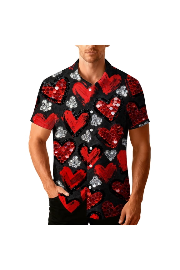 Men's Valentine's Day T-Shirt,Hear Printed Summer Beach Casual Short Sleeve Button Down Lapel Shirts Valentine's Day Gift for Him