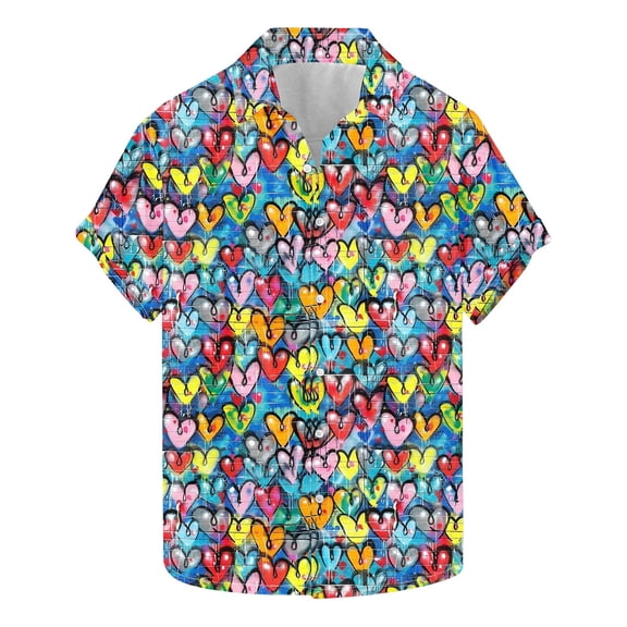 Men's Valentine's Day T-Shirt Heart Print Festival Short Sleeved Lapel Shirt,Valentine's Day Gift for Him Multicolor