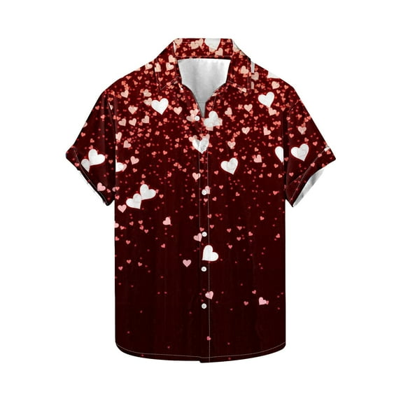 Men's Valentine's Day T-Shirt Heart Printed Button Casual Short Sleeve Lapel Shirt,Valentine's Day Gift for Him Multicolor