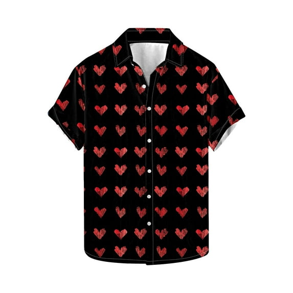Men's Valentine's Day T-Shirt,Heart Printed Button Casual Short Sleeve Lapel Shirt Valentine's Day Gift for Him