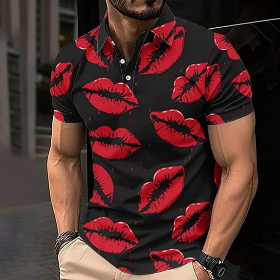 Men's Valentine's Day T-Shirt Heart Printed Casual Short Sleeved Lapel Button Shirt,Valentine's Day Gift for Him Multicolor