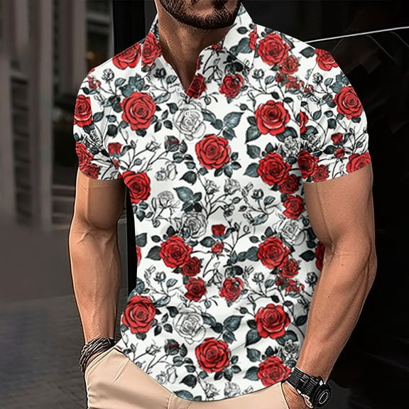 Men's Valentine's Day T-Shirt,Heart Printed Casual Short Sleeved Lapel Button Shirt Valentine's Day Gift for Him