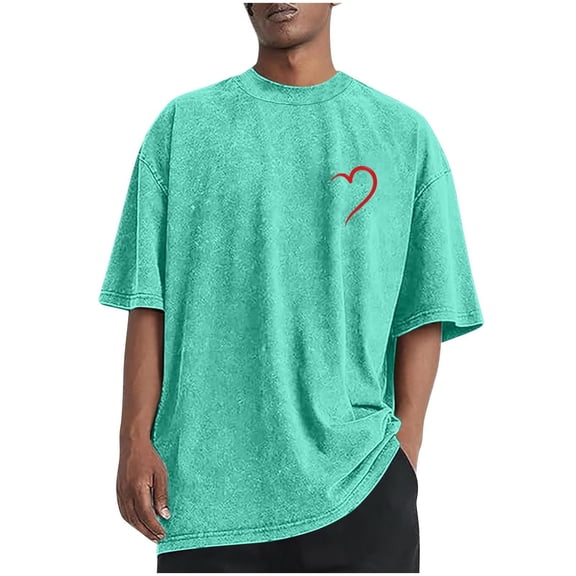 Men's Valentine's Day T-Shirt Heart Printed Casual Sports Round-Neck Short Sleeve Blouse,Valentine's Day Gift for Him Mint Green