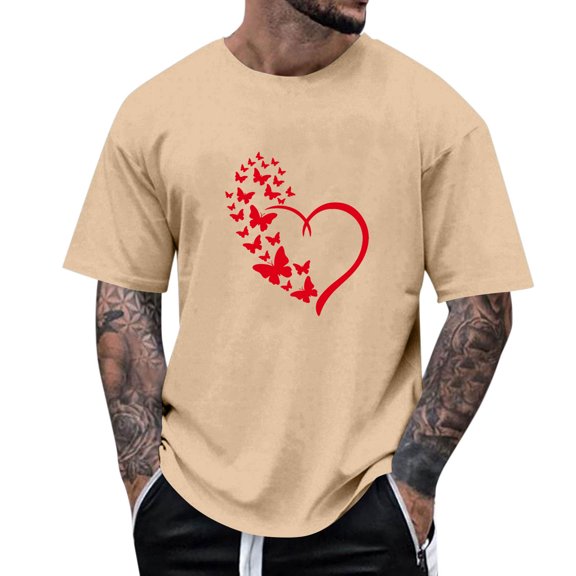 Men's Valentine's Day T-Shirt Heart Printed Short Sleeve Crew Neck Graphic Tee Festive Holiday Casual Top,XL,Khaki