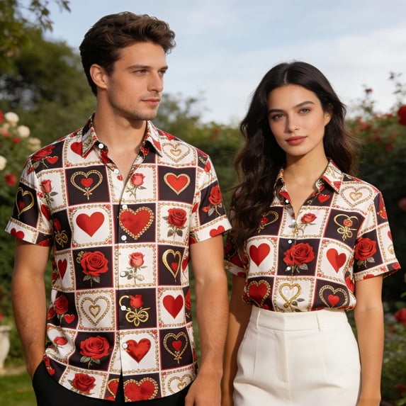 Men's Valentine's Day T-Shirt Heart Printing Casual Short Sleeve Turndown Collar Button Shirt,Couples Matching Valentine T-Shirts Set White