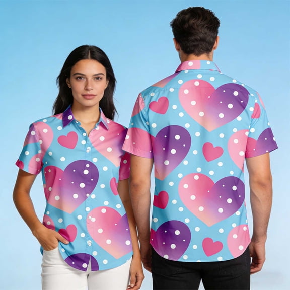 Men's Valentine's Day T-Shirt,Heart Printing Casual Short Sleeve Turndown Collar Button Shirt Valentine's Day Gift for Him