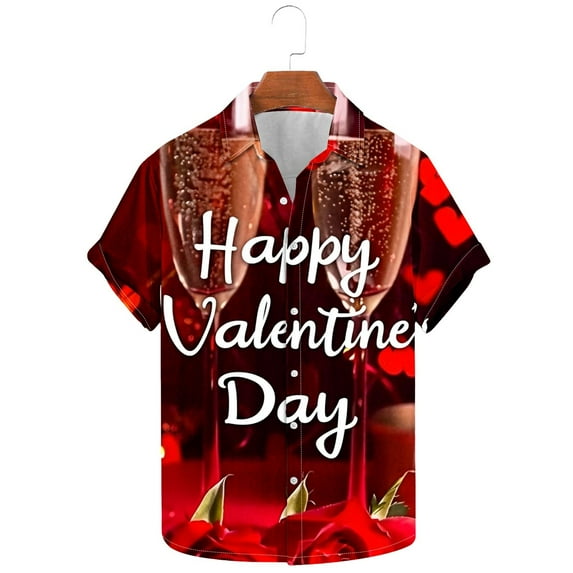 Men's Valentine's Day T-Shirt Love Printed Short Sleeved Lapel Shirt,Valentine's Day Gift for Him Multicolor