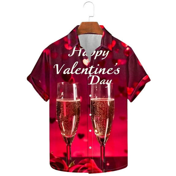 Men's Valentine's Day T-Shirt Love Printed Short Sleeved Lapel Shirt,Valentine's Day Gift for Him Multicolor