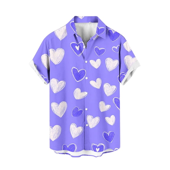 Men's Valentine's Day T-Shirt Short Sleeve Casual Cuba Beach Summer Button Up Lapel Shirts,Valentine's Day Gift for Him Purple