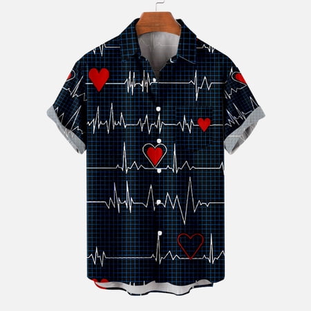 Men's Valentine's Day Tops Fashion Deals for 2023 Turndown Love Print Round Neck on sale under $15 Casual Tops Navy L