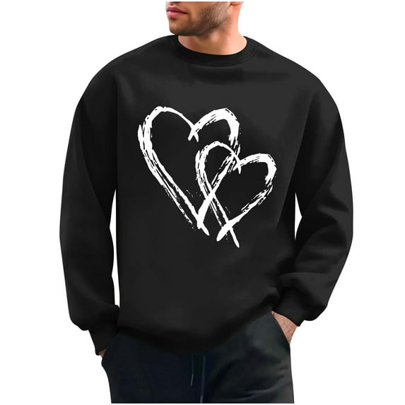 Men's Valentine's Sweatshirt Long Sleeve Crewneck Heart Print Pullover Loose Top for Romantic Black 3XL