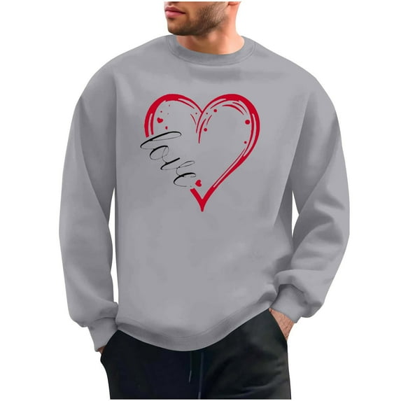 Men's Valentine's Sweatshirt Long Sleeve Crewneck Heart Print Pullover Loose Top for Romantic Gray M