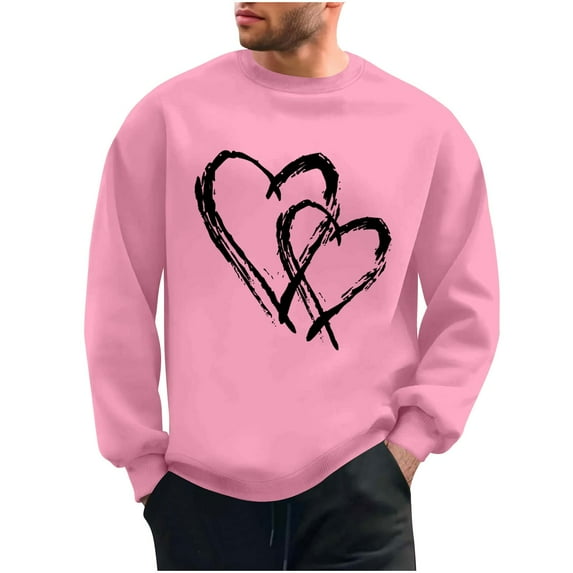 Men's Valentine's Sweatshirt Long Sleeve Crewneck Heart Print Pullover Loose Top for Romantic Pink XL