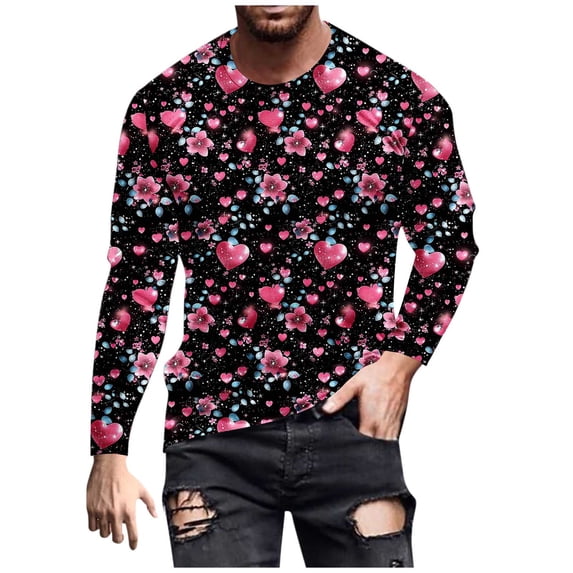 Men's Valentines Day Outfits Long Sleeve T-Shirts Crew Neck Love Hearts Printed Funny Tees Casual Holiday Tops (M, Pink #A)