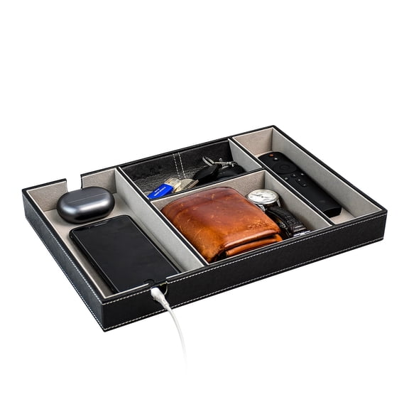 Men's Valet Tray with Charging Slot, 4-Compartment PU Leather Catchall Organizer, Dresser Nightstand Entryway Storage for Phone, Wallet, Keys, Watch & Accessories