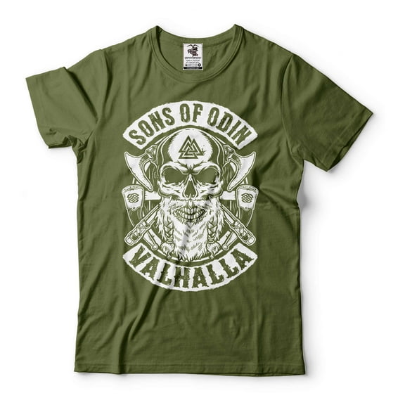 Men's Valhalla Shirt Sons Of Odin T-Shirt Viking Warrior Shirt Norse Nordic Gift Tees (XX-Large Military Green)