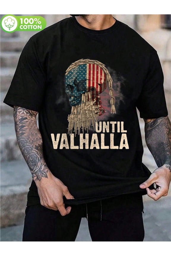 Men's Until Valhalla Viking US Flag Vintage T-Shirt - Black Distressed Graphic Tee with Skull & Viking Helmet Design, 100% Cotton Regular Fit for Outdoor Activities, Casual Wear & Gym