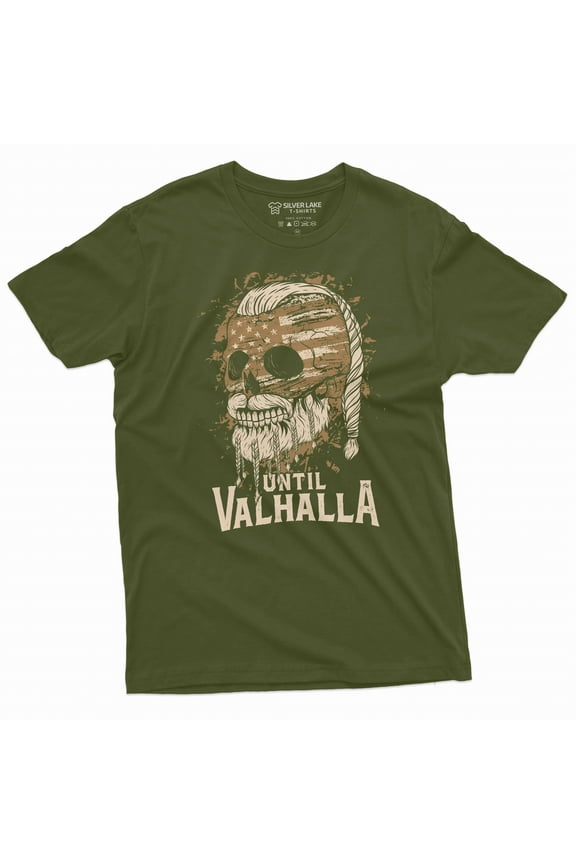 Men's Valhalla Warrior T-shirt until Valhalla skull USA flag patriotic shirt Viking Mythology Tee (3X-Large Military Green)