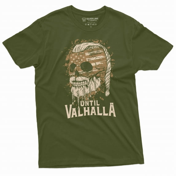 Men's Valhalla Warrior T-shirt until Valhalla skull USA flag patriotic shirt Viking Mythology Tee (Large Military Green)