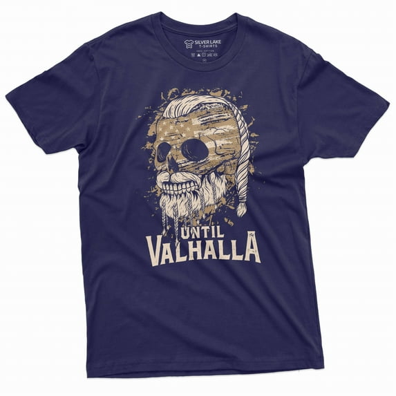 Men's Valhalla Warrior T-shirt until Valhalla skull USA flag patriotic shirt Viking Mythology Tee (Medium Navy Blue)